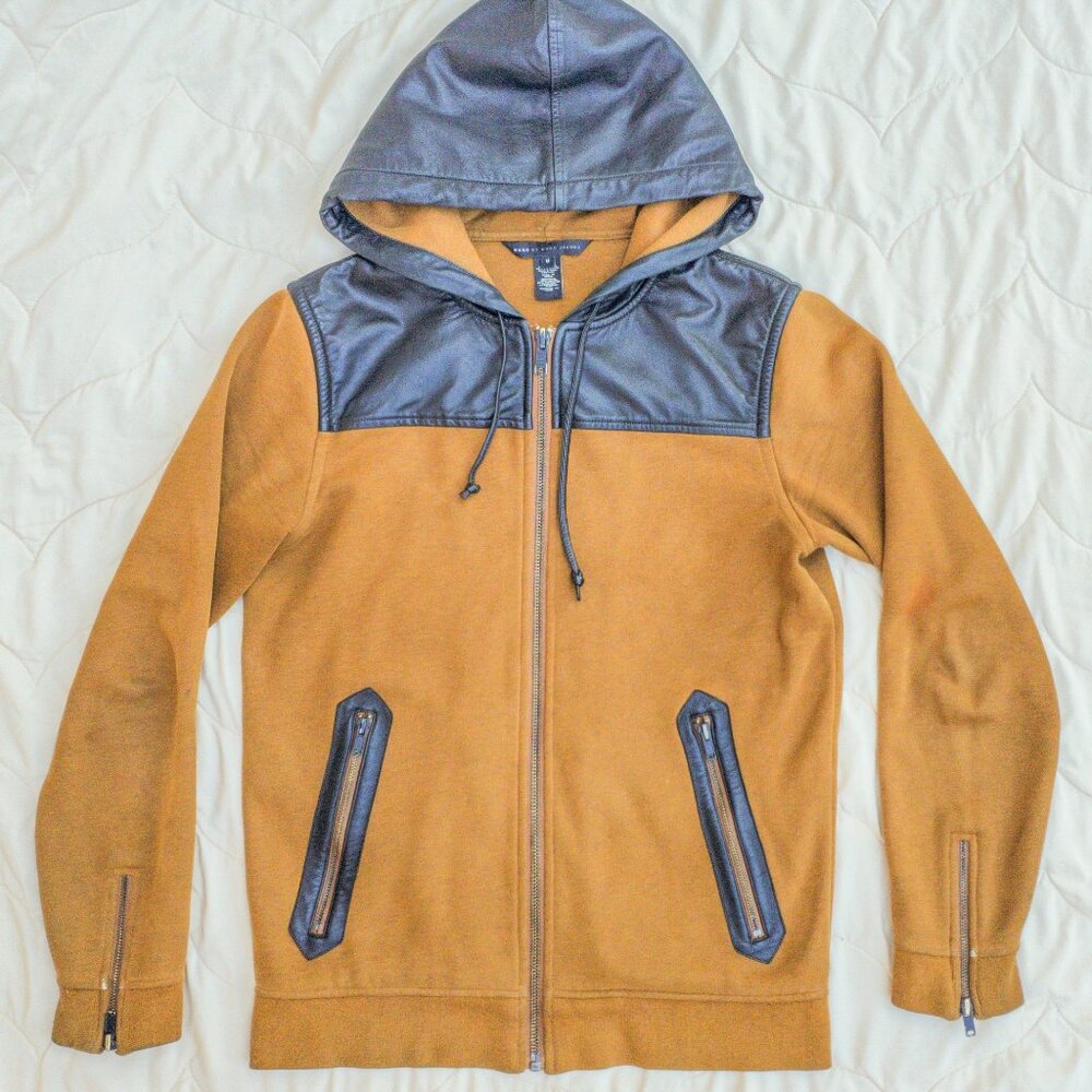 Marc by Marc Jacobs cotton leather camel tan brown black hoodie jacket coat med